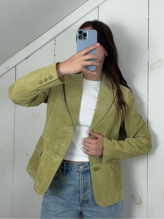 Preswick & Moore Jackets & Blazers - NWT Green Suede Leather Blazer Jacket Women’s S Lightweight Button Front Y2K